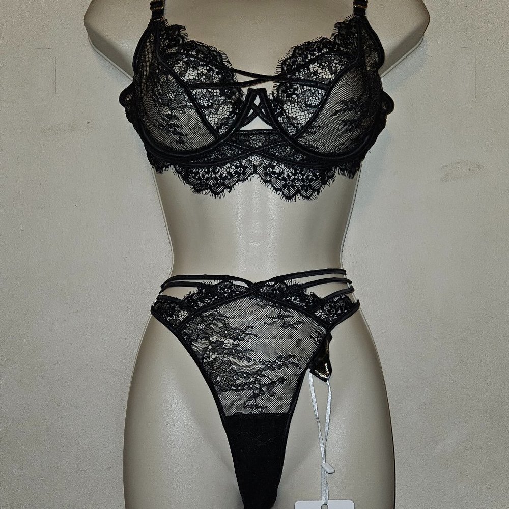 Honey Birdette Enya Bra size 32B or 34C and Bikini Brief sz Small black lace NWT